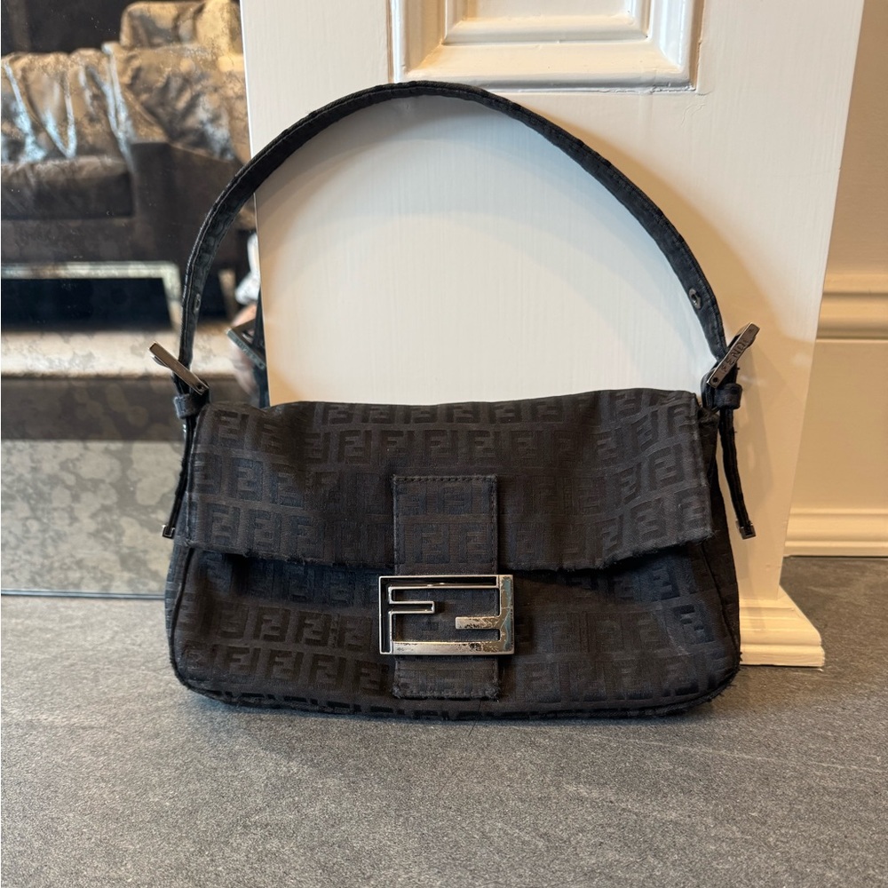 Fendi Black FF Logo Mini Baguette Shoulder Bag